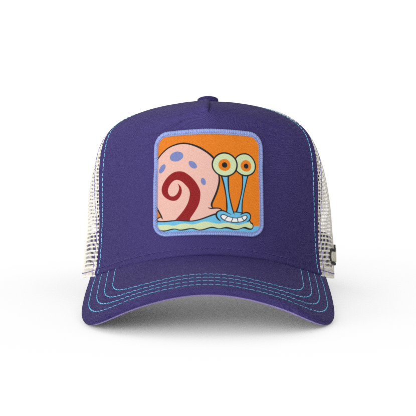 Deep Purple OVERLORD X SpongeBob Gary the snail trucker baseball cap hat with blue stitching. PVC Overlord logo.