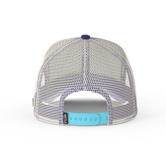 Deep Purple OVERLORD X SpongeBob Gary the snail trucker baseball cap hat with cream mesh and light blue adjustable strap. PVC Overlord logo.