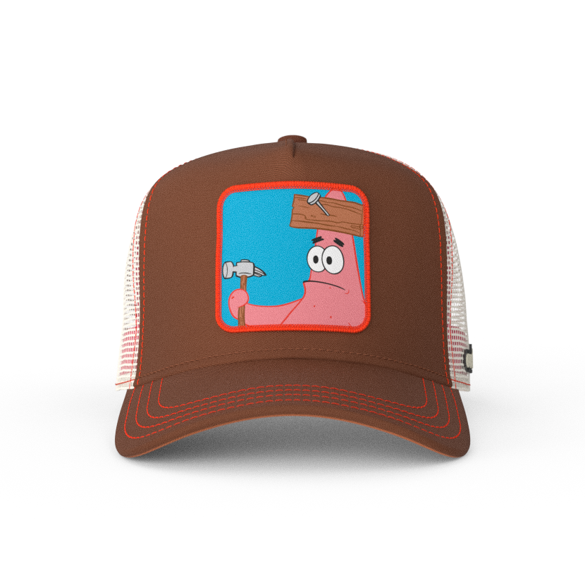 Brown OVERLORD X SpongeBob Patrick holding hammer trucker baseball cap hat with red stitching. PVC Overlord logo.