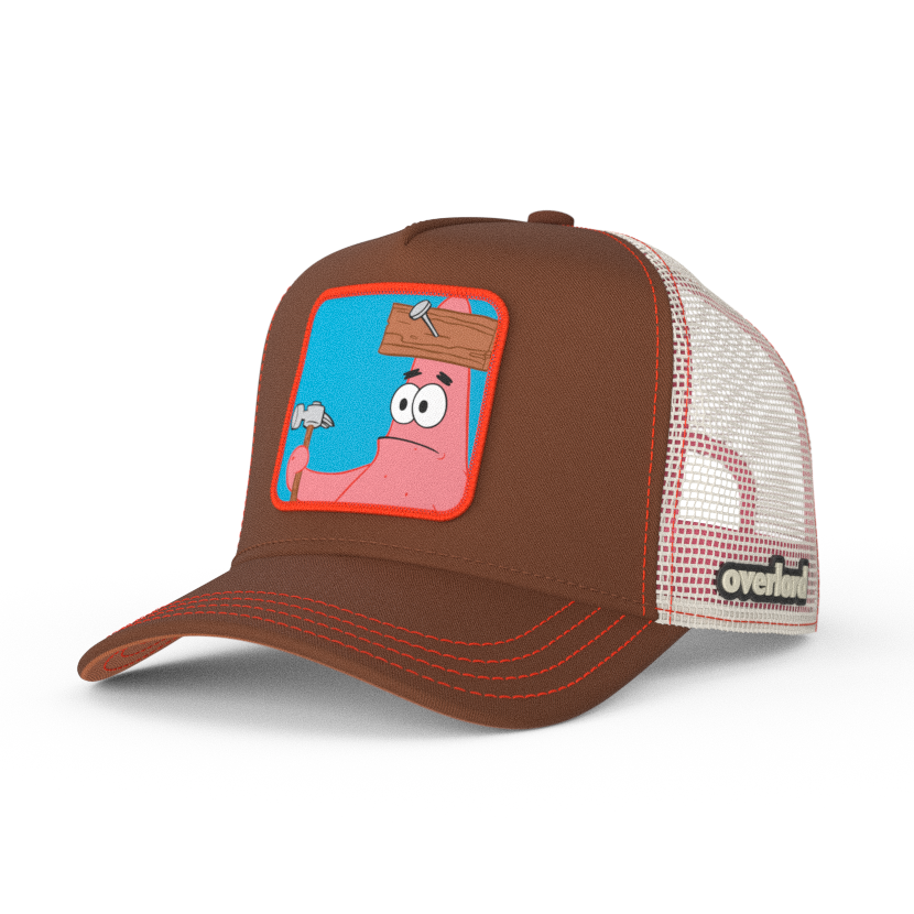 Brown OVERLORD X SpongeBob Patrick holding hammer trucker baseball cap hat with red stitching. PVC Overlord logo.