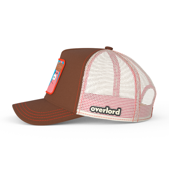 Brown OVERLORD X SpongeBob Patrick holding hammer trucker baseball cap hat with cream mesh. PVC Overlord logo.
