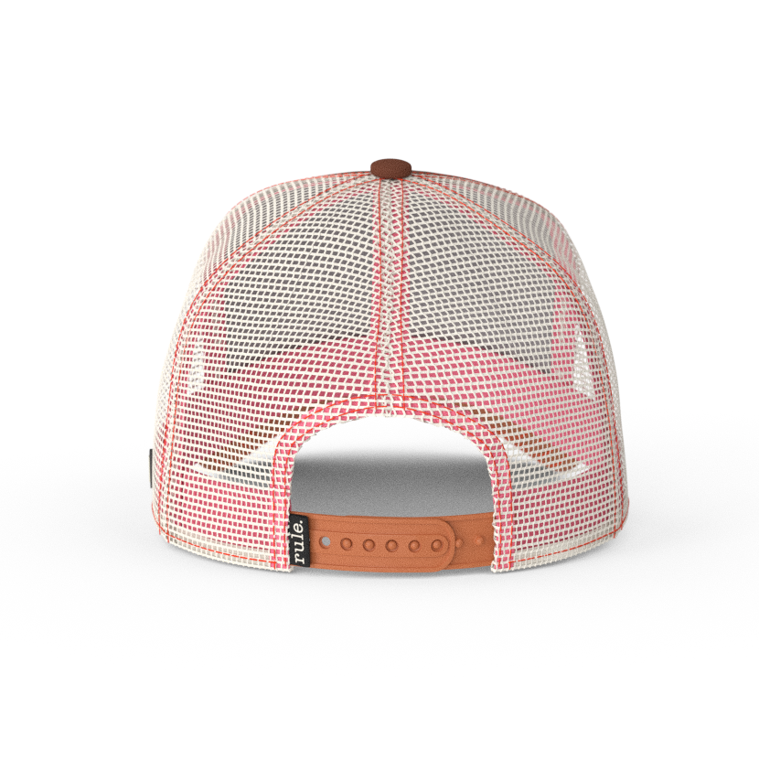 Brown OVERLORD X SpongeBob Patrick holding hammer trucker baseball cap hat with cream mesh and brown adjustable strap. PVC Overlord logo.