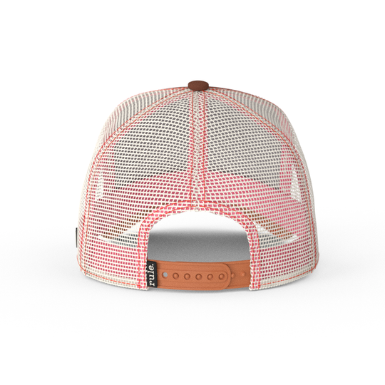 Brown OVERLORD X SpongeBob Patrick holding hammer trucker baseball cap hat with cream mesh and brown adjustable strap. PVC Overlord logo.