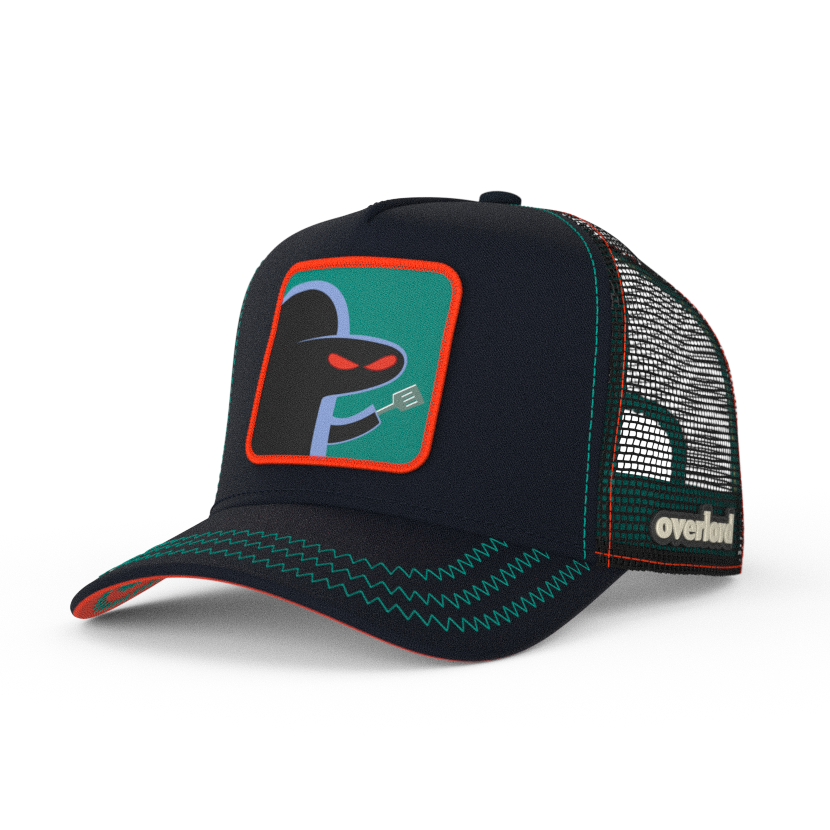 Black OVERLORD X SpongeBob Hash Slinging Slasher trucker baseball cap hat with teal zig zag stitching. PVC Overlord logo.