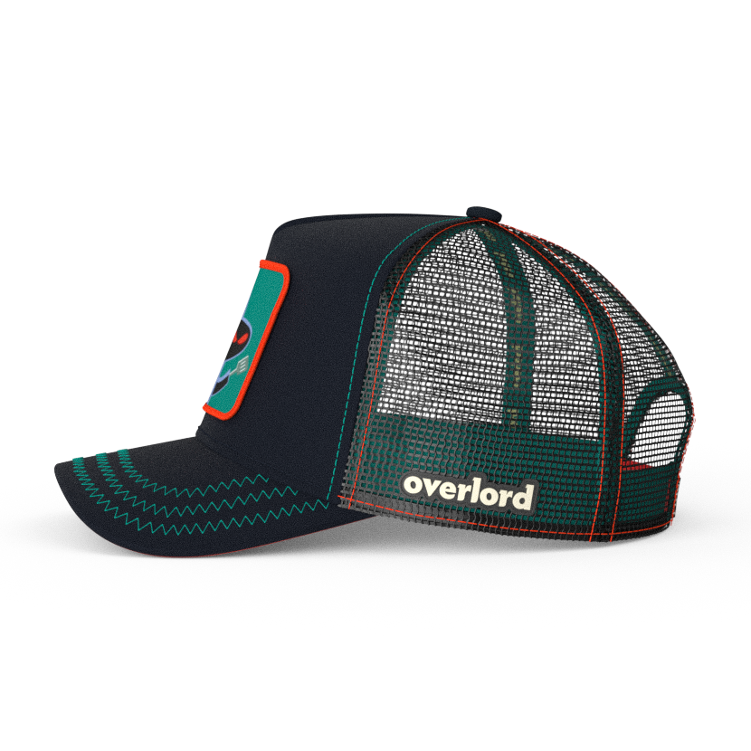 Black OVERLORD X SpongeBob Hash Slinging Slasher trucker baseball cap hat with black mesh. PVC Overlord logo.