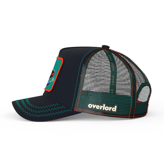 Black OVERLORD X SpongeBob Hash Slinging Slasher trucker baseball cap hat with black mesh. PVC Overlord logo.