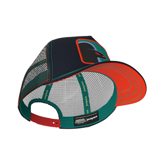 Black OVERLORD X SpongeBob Hash Slinging Slasher trucker baseball cap hat with teal sweatband and red under brim.