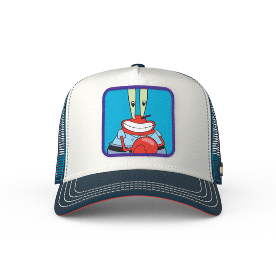 White and navy OVERLORD X SpongeBob Krusty Krab trucker baseball cap hat with cream stitching. PVC Overlord logo.