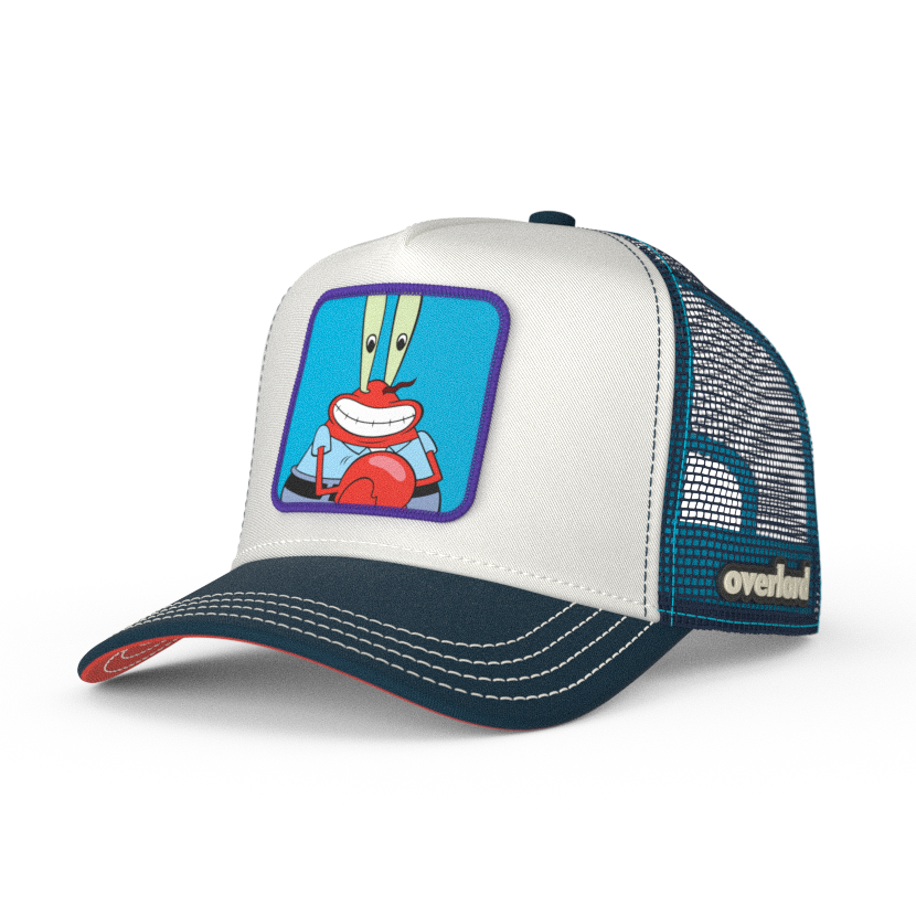 White and navy OVERLORD X SpongeBob Krusty Krab trucker baseball cap hat with cream stitching. PVC Overlord logo.