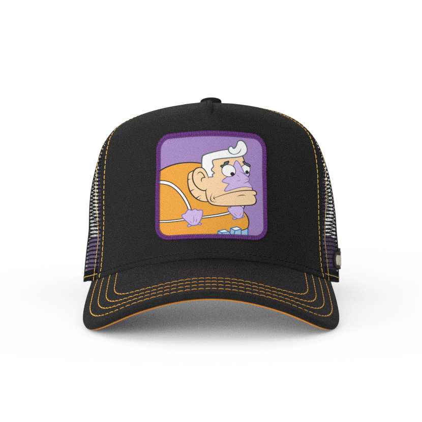 Black OVERLORD X SpongeBob Mermaid Man trucker baseball cap hat with orange stitching. PVC Overlord logo.
