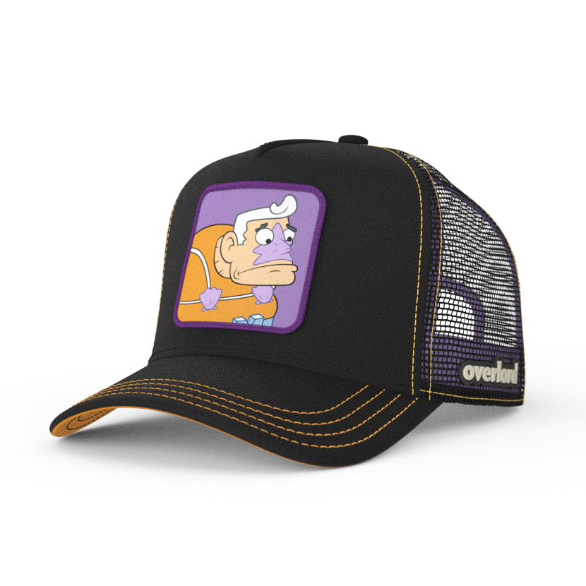 Black OVERLORD X SpongeBob Mermaid Man trucker baseball cap hat with orange stitching. PVC Overlord logo.