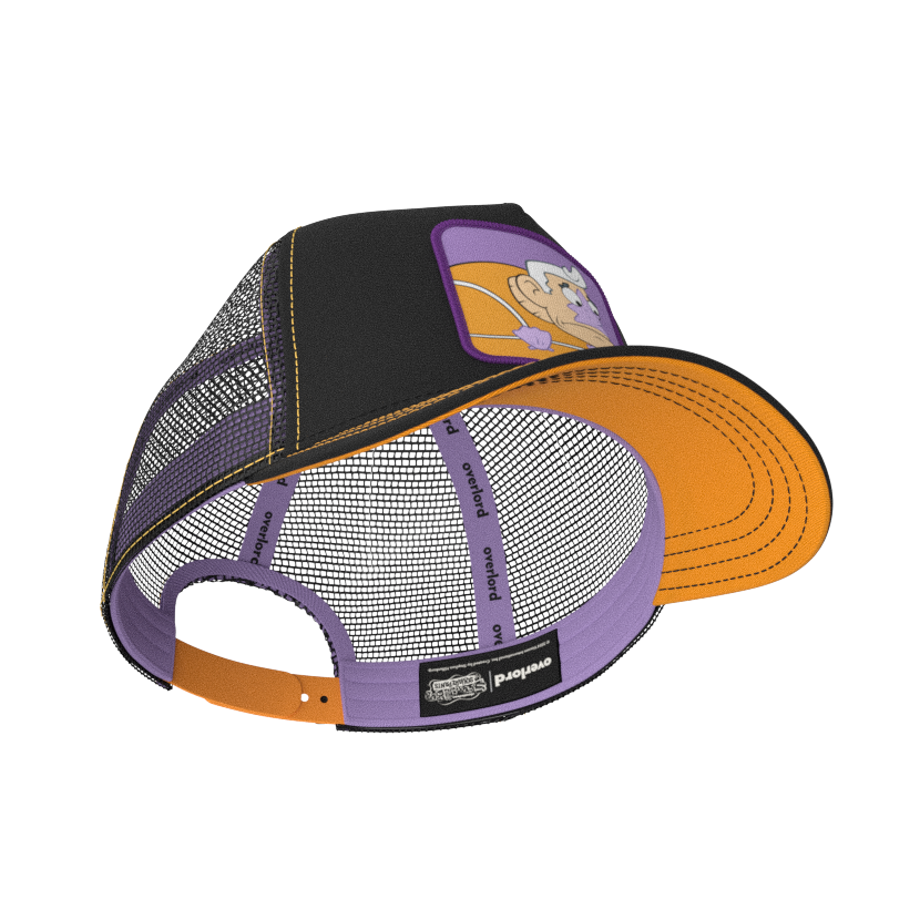 Black OVERLORD X SpongeBob Mermaid Man trucker baseball cap hat with lavender sweatband and orange under brim.