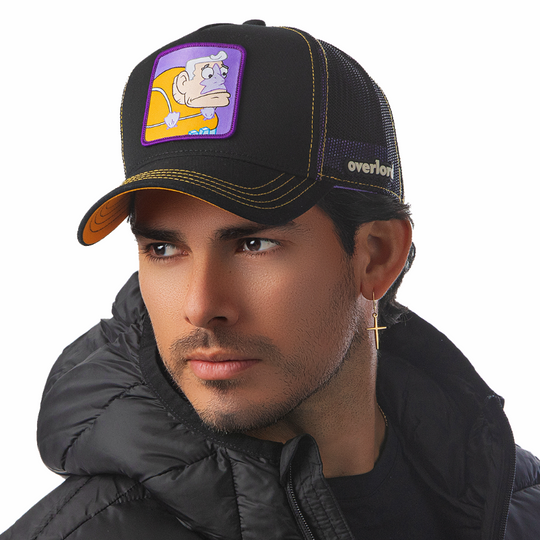 Black OVERLORD X SpongeBob Mermaid Man trucker baseball cap hat with orange stitching. PVC Overlord logo.