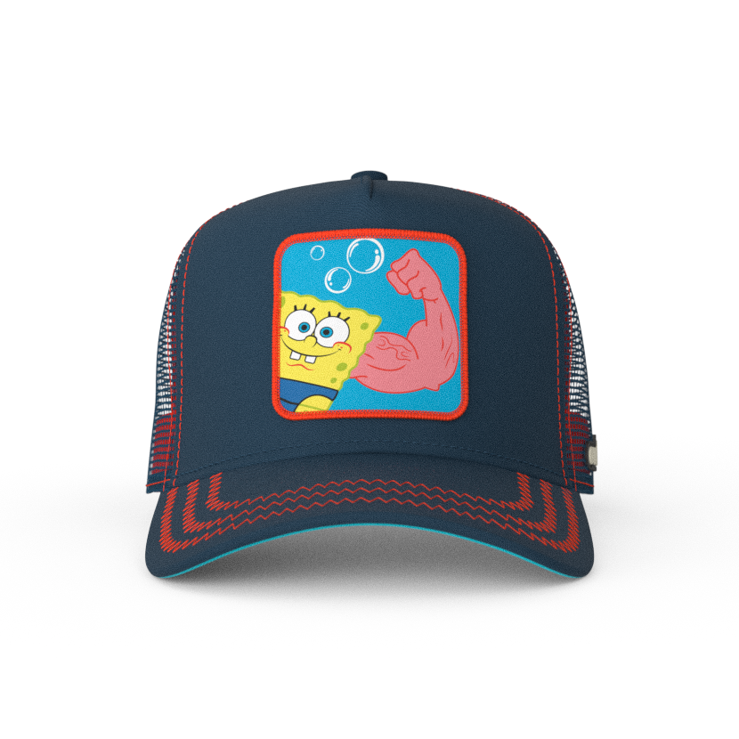 Navy OVERLORD X SpongeBob MuscleBob trucker baseball cap hat with red zig zag stitching. PVC Overlord logo.