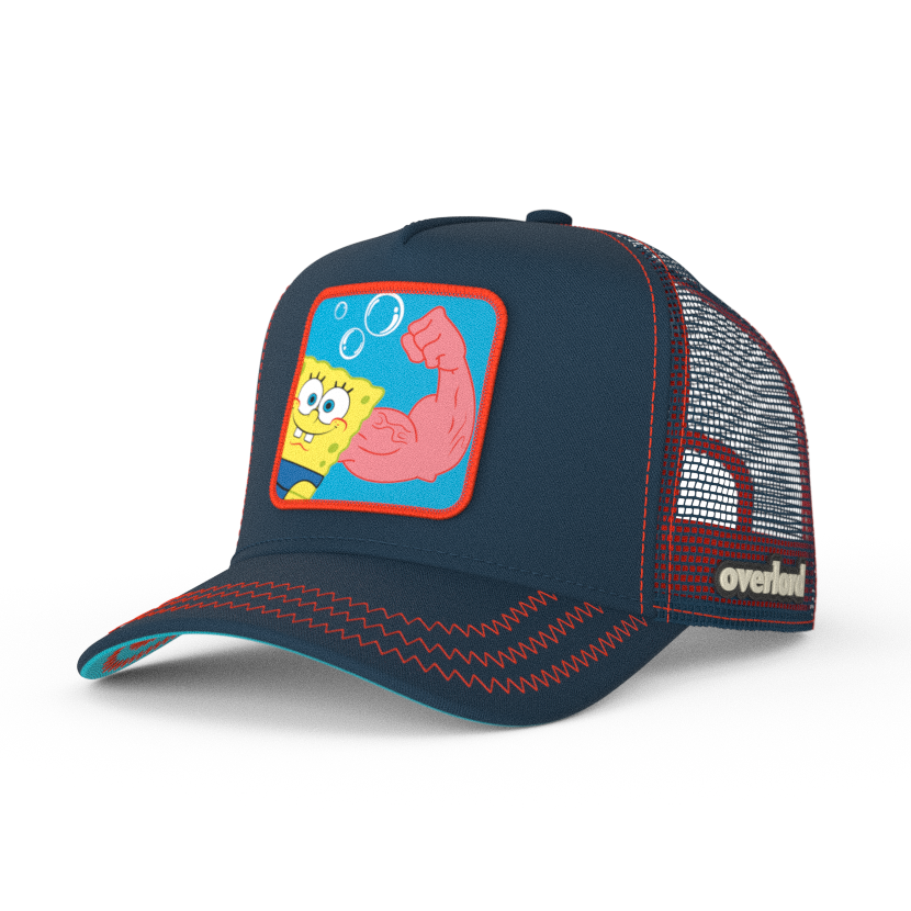 Navy OVERLORD X SpongeBob MuscleBob trucker baseball cap hat with red zig zag stitching. PVC Overlord logo.