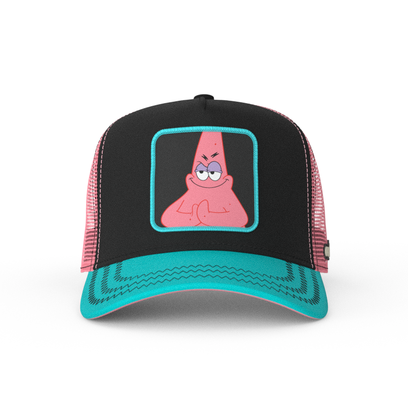 Black and turquise OVERLORD X SpongeBob sneaky Patrick trucker baseball cap hat with black zig zag stitching. PVC Overlord logo.
