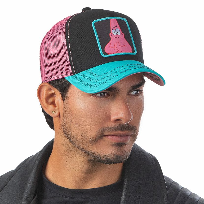 Man wearing black and turquoise OVERLORD X SpongeBob sneaky Patrick trucker baseball cap hat with black zig zag stitching. PVC Overlord logo.