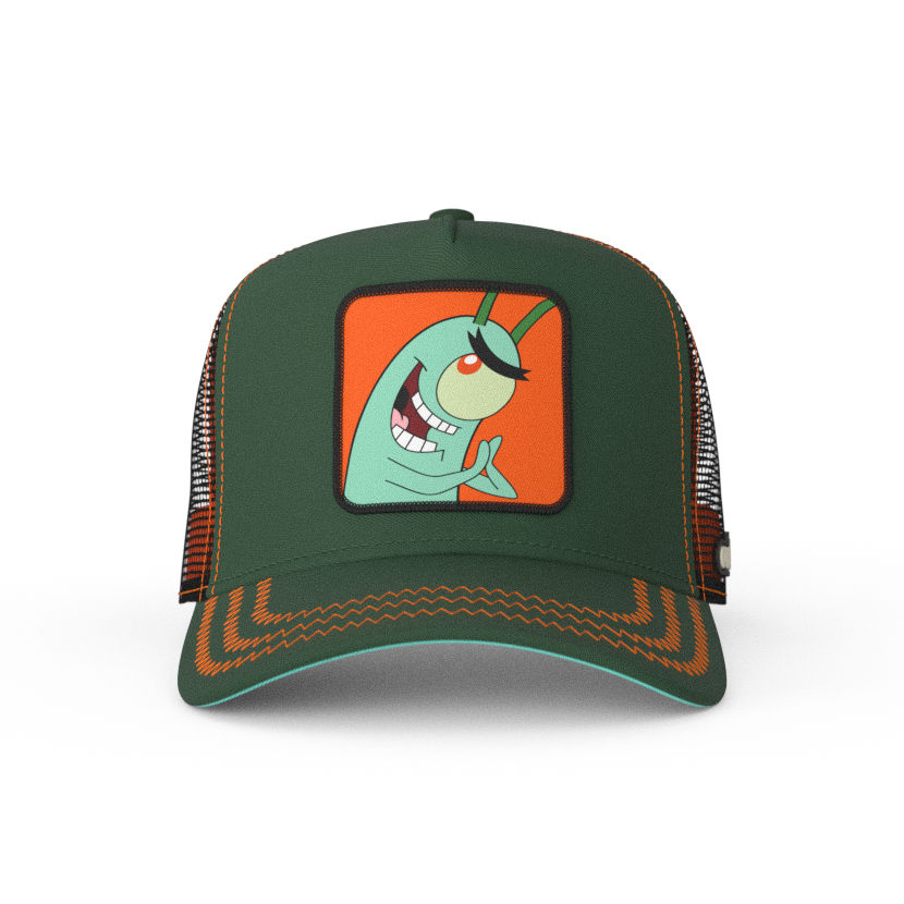 Dark Green OVERLORD X SpongeBob smiling Plankton trucker baseball cap hat with red stitching. PVC Overlord logo.