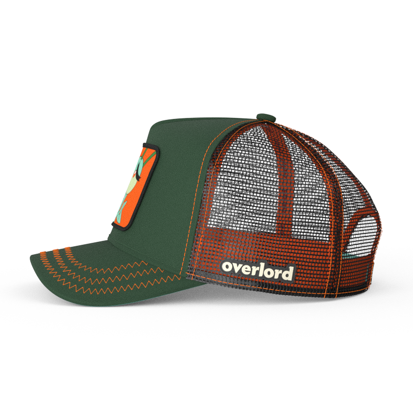 Dark Green OVERLORD X SpongeBob smiling Plankton trucker baseball cap hat with black mesh. PVC Overlord logo.