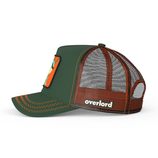 Dark Green OVERLORD X SpongeBob smiling Plankton trucker baseball cap hat with black mesh. PVC Overlord logo.