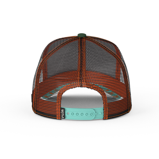 Dark Green OVERLORD X SpongeBob smiling Plankton trucker baseball cap hat with seafoam green adjustable strap. PVC Overlord logo.