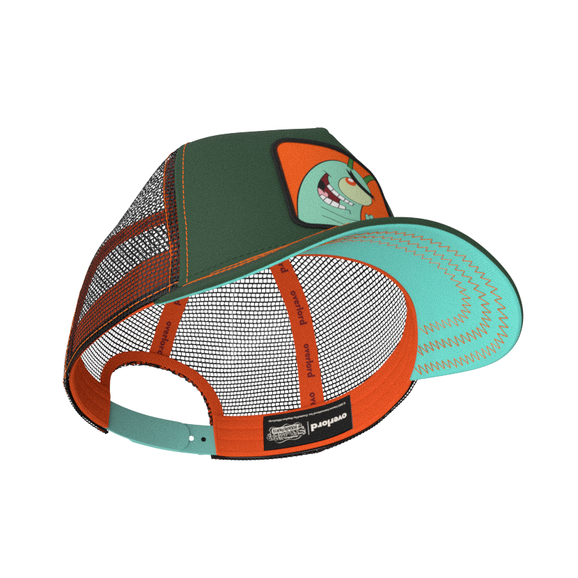 Dark Green OVERLORD X SpongeBob smiling Plankton trucker baseball cap hat with red sweatband and light turquoise under brim. 