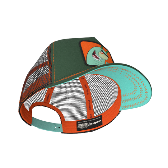 Dark Green OVERLORD X SpongeBob smiling Plankton trucker baseball cap hat with red sweatband and light turquoise under brim. 