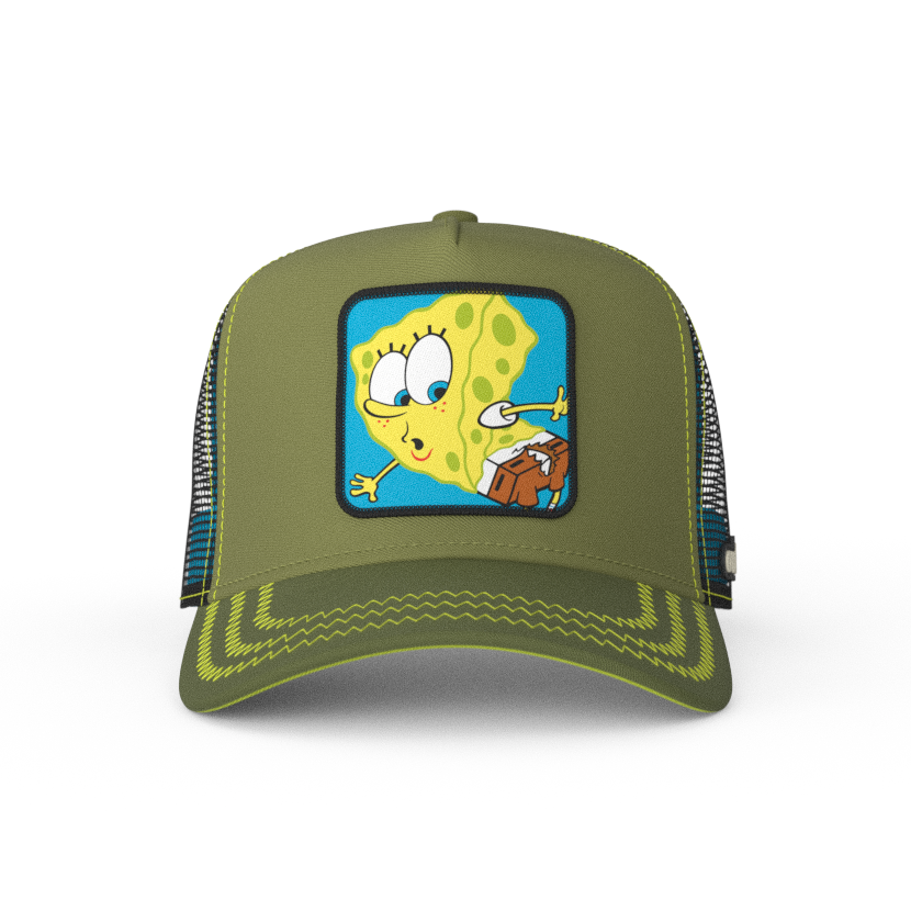 Olive green OVERLORD X SpongeBob with ripped pants trucker baseball cap hat with yellow zig zag stitching. PVC Overlord logo.