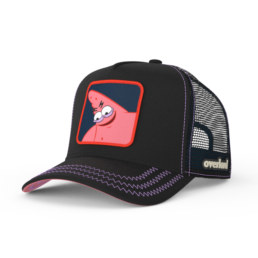 Black OVERLORD X SpongeBob Savage Patrick trucker baseball cap hat with purple zig zag stitching. PVC Overlord logo.