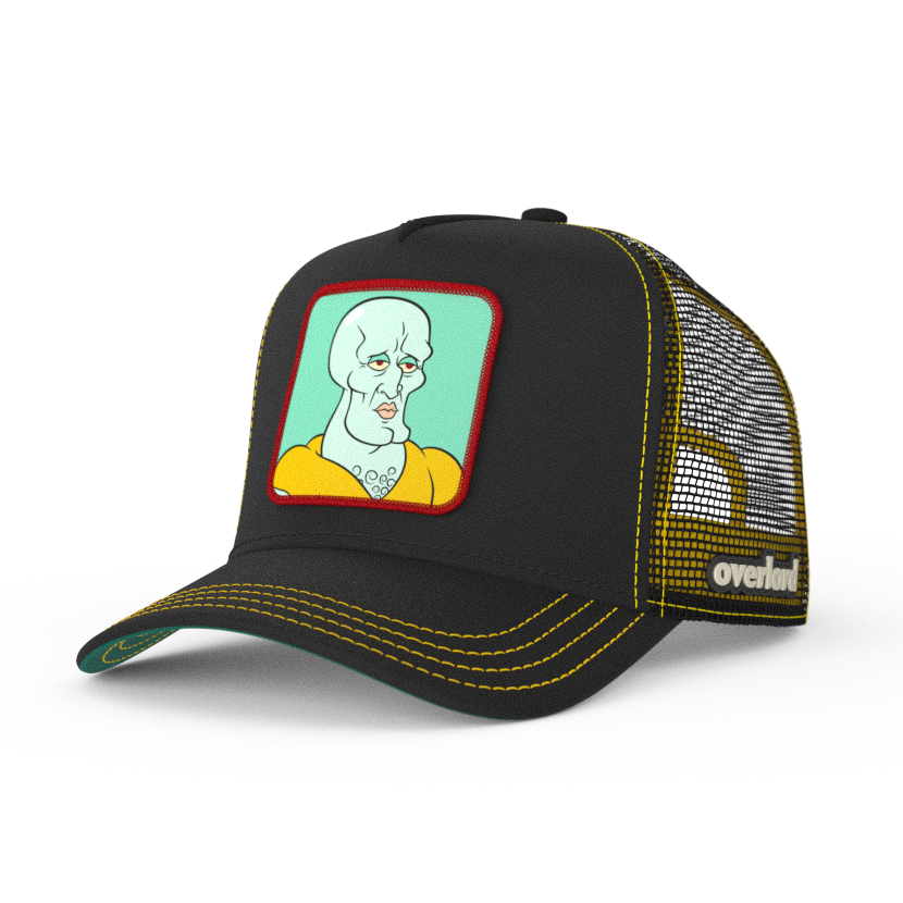 Black OVERLORD X SpongeBob Handsome Squidward trucker baseball cap hat with yellow stitching. PVC Overlord logo.