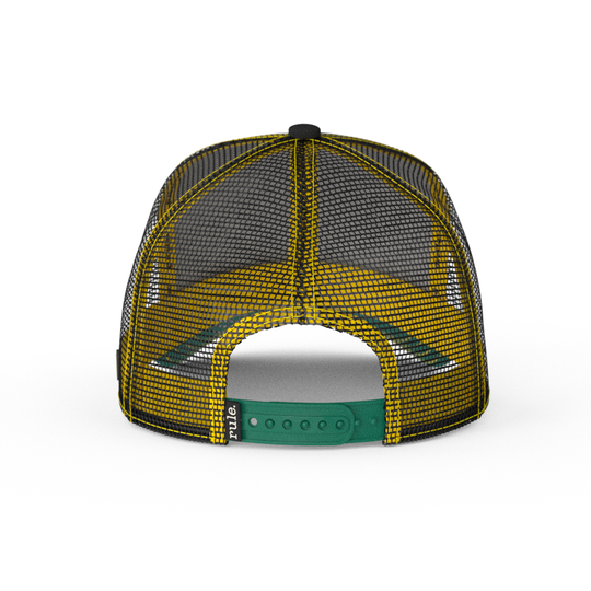 Black OVERLORD X SpongeBob Handsome Squidward trucker baseball cap hat with dark teal adjustable strap. PVC Overlord logo.