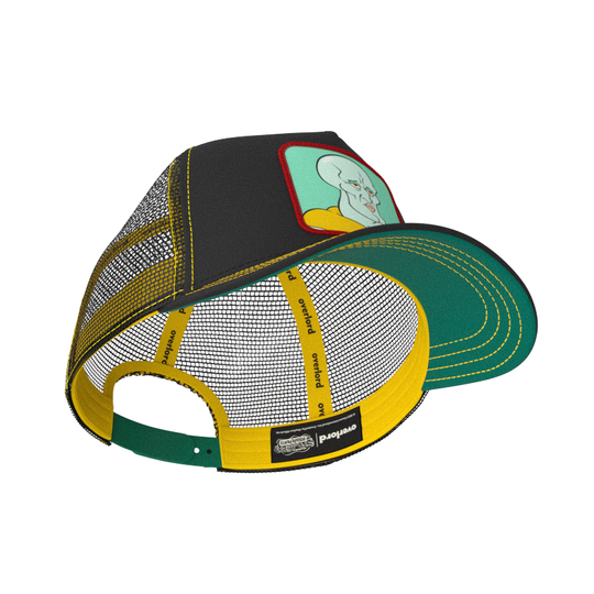 Black OVERLORD X SpongeBob Handsome Squidward trucker baseball cap hat with yellow sweatband and teal under brim.