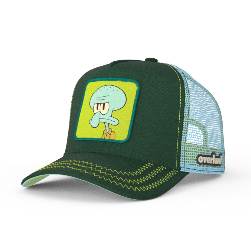 Dark green OVERLORD X SpongeBob serious Squidward trucker baseball cap hat with lime green stitching. PVC Overlord logo.