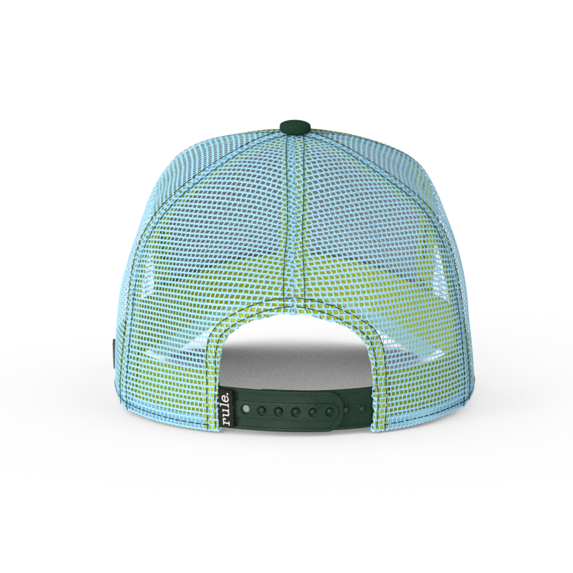 Dark green OVERLORD X SpongeBob serious Squidward trucker baseball cap with light blue mesh and dark green adjustable strap. PVC Overlord logo.