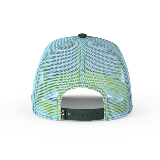 Dark green OVERLORD X SpongeBob serious Squidward trucker baseball cap with light blue mesh and dark green adjustable strap. PVC Overlord logo.