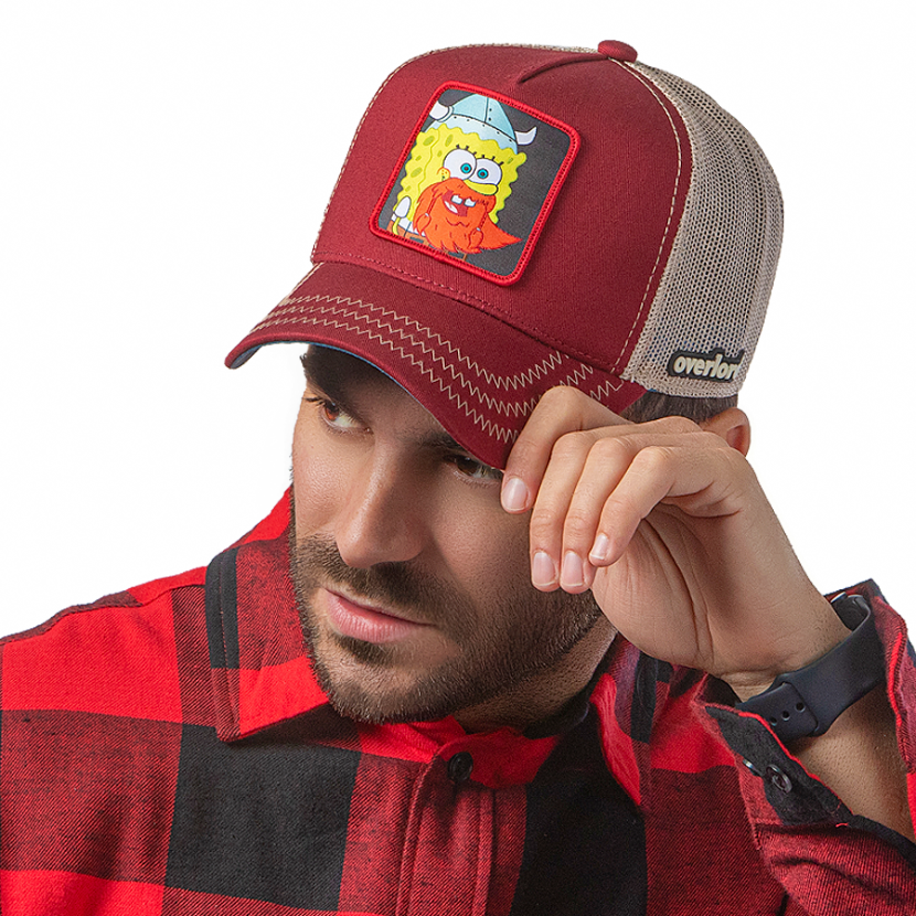 Man wearing dark red twill trucker cap with khaki mesh featuring a woven patch featuring SpongeBob Viking from SpongeBob Squarepants attached to the crown.