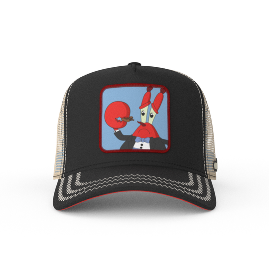 Black OVERLORD X SpongeBob Krabs playing tiny violin trucker baseball cap hat with khaki zig zag stitching. PVC Overlord logo.