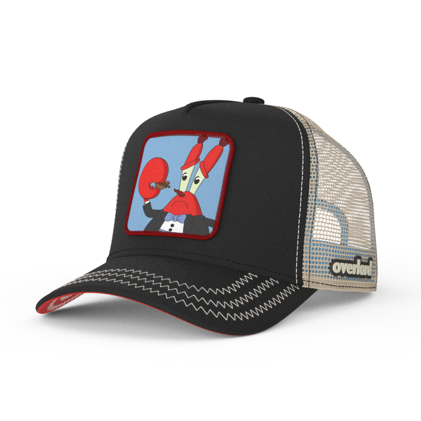 Black OVERLORD X SpongeBob Krabs playing tiny violin trucker baseball cap hat with khaki zig zag stitching. PVC Overlord logo.