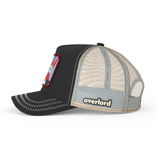 Black OVERLORD X SpongeBob Krabs playing tiny violin trucker baseball cap hat with khaki mesh. PVC Overlord logo.