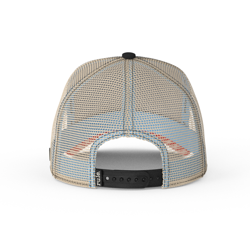 Black OVERLORD X SpongeBob Krabs playing tiny violin trucker baseball cap hat with black adjustable strap.
