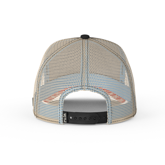 Black OVERLORD X SpongeBob Krabs playing tiny violin trucker baseball cap hat with black adjustable strap.