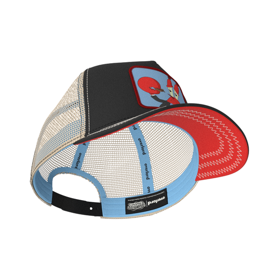 Black OVERLORD X SpongeBob Krabs playing tiny violin trucker baseball cap hat with light blue sweatband and red under brim.