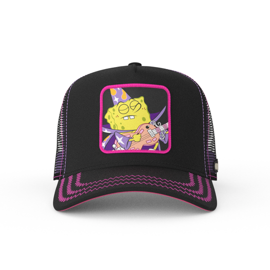 Black OVERLORD X SpongeBob Goofy Goober trucker baseball cap hat with hot pink zig zag stitching. PVC Overlord logo.