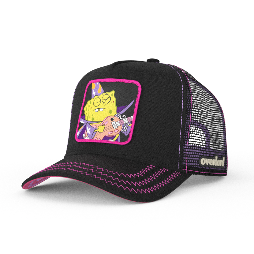 Black OVERLORD X SpongeBob Goofy Goober trucker baseball cap hat with hot pink zig zag stitching. PVC Overlord logo.