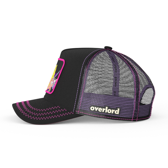 Black OVERLORD X SpongeBob Goofy Goober trucker baseball cap hat with black mesh. PVC Overlord logo.