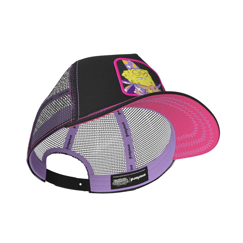 Black OVERLORD X SpongeBob Goofy Goober trucker baseball cap hat with lavender sweatband and hot pink under brim.
