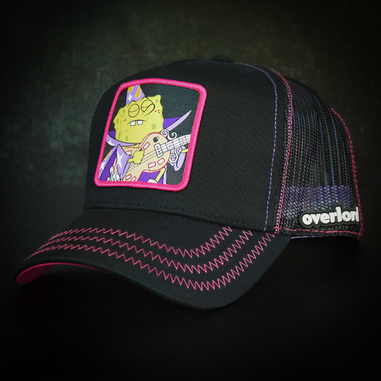 Black OVERLORD X SpongeBob Goofy Goober trucker baseball cap hat with hot pink zig zag stitching. PVC Overlord logo.