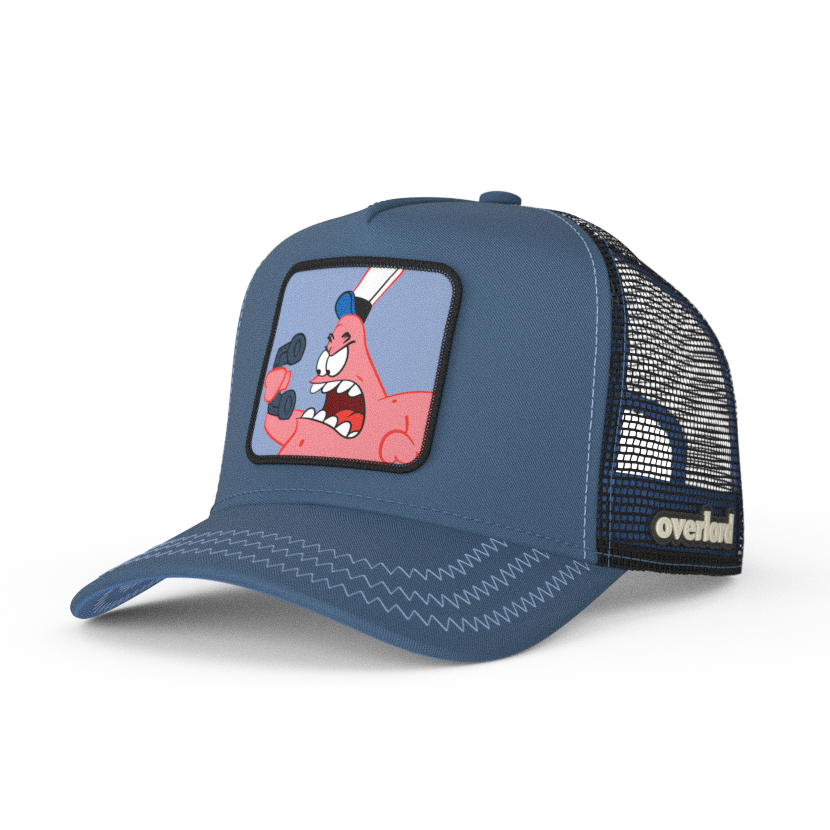 Blue OVERLORD X SpongeBob Patrick yelling at phone trucker baseball cap hat with light blue zig zag stitching. PVC Overlord logo.