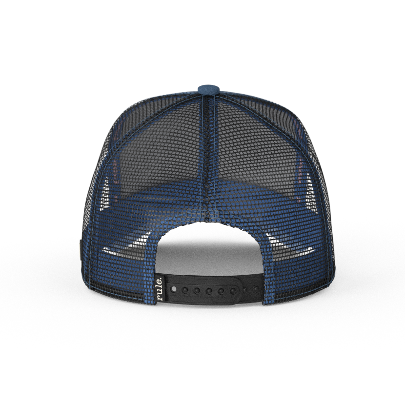 Blue OVERLORD X SpongeBob Patrick yelling at phone trucker baseball cap hat with black mesh and black adjustable strap. PVC Overlord logo.