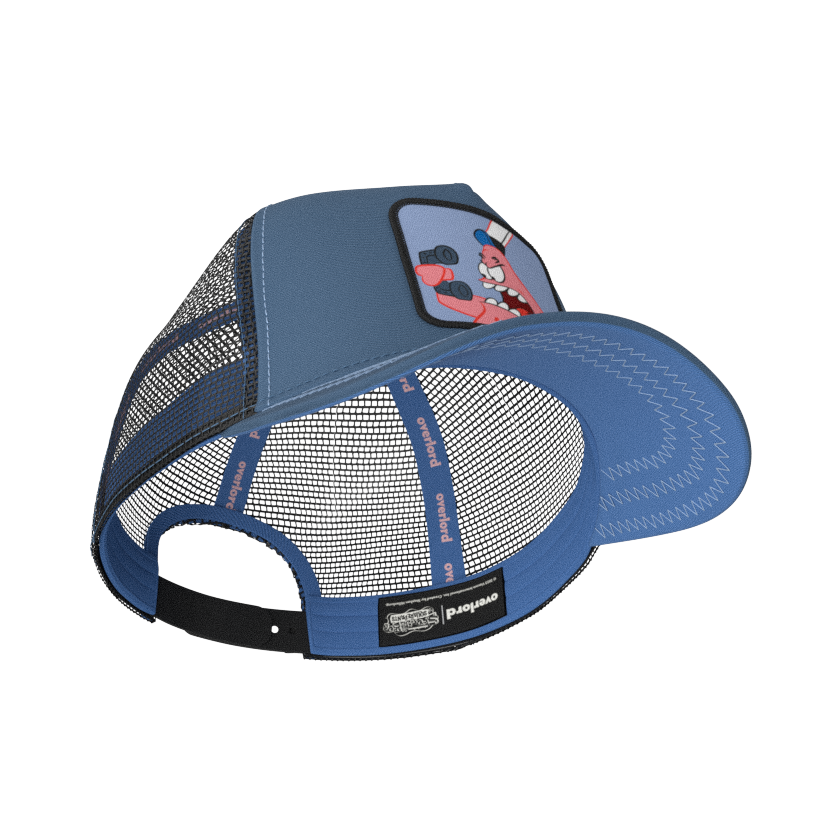 Blue OVERLORD X SpongeBob Patrick yelling at phone trucker baseball cap hat with blue sweatband and under brim.